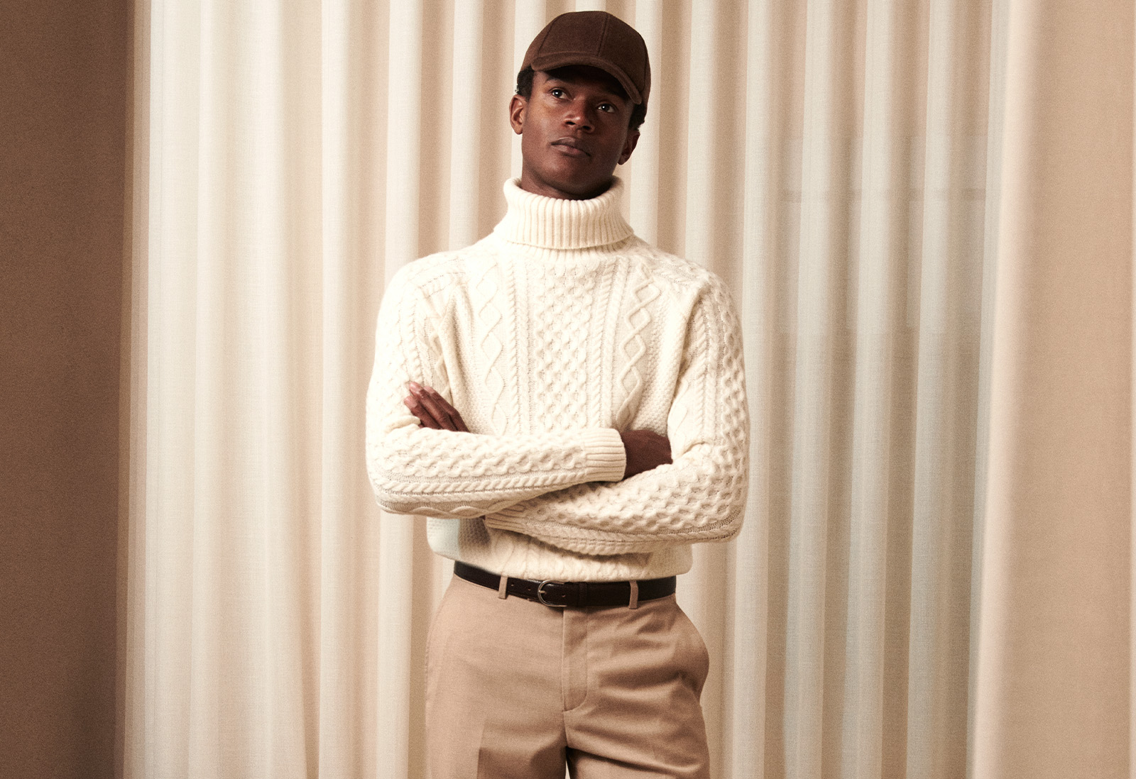 Moss - ecru chunky cable roll neck jumper