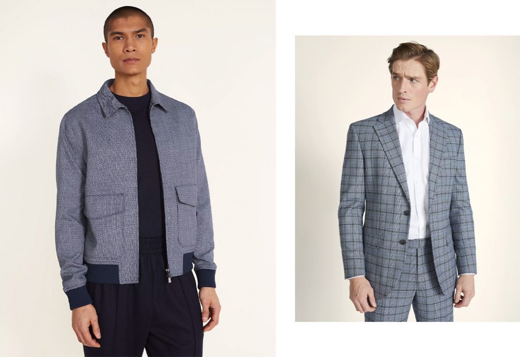 mens blazers and mens jacket; two models for moss bros