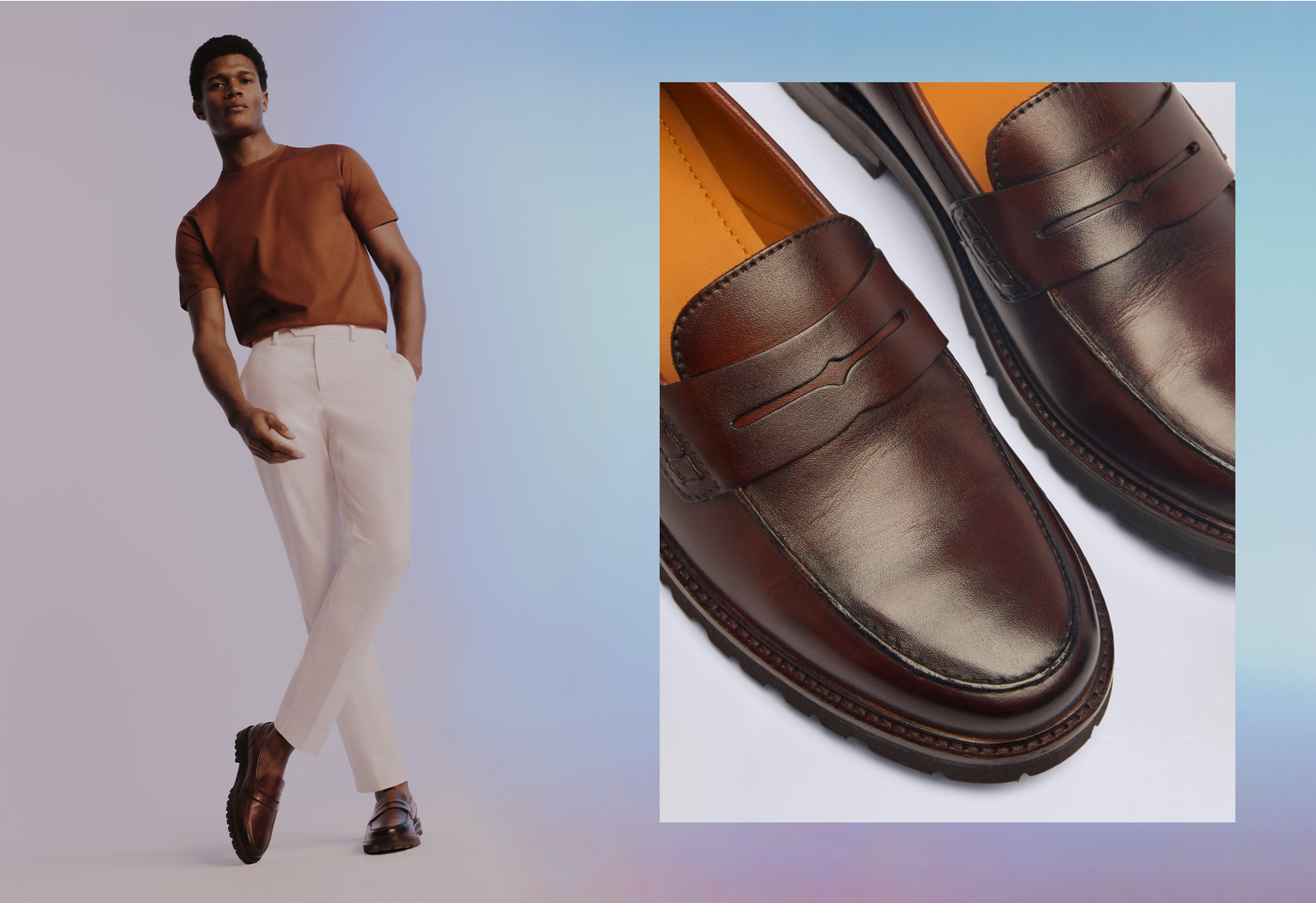 A smart casual look and brown leather loafers.