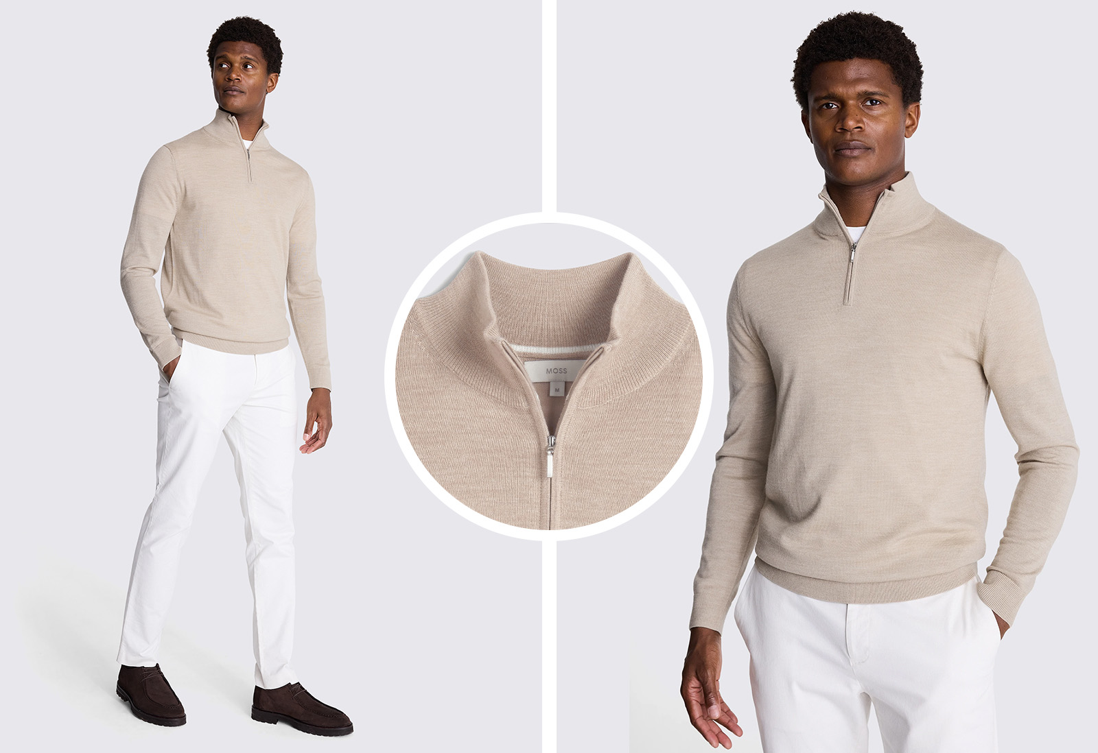 Moss - camel merino wool zip neck jumper