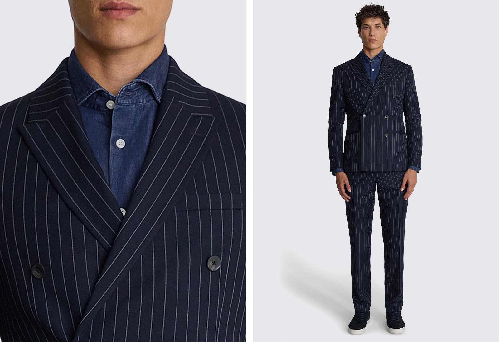 Moss - slim fit navy stripe double breasted suit