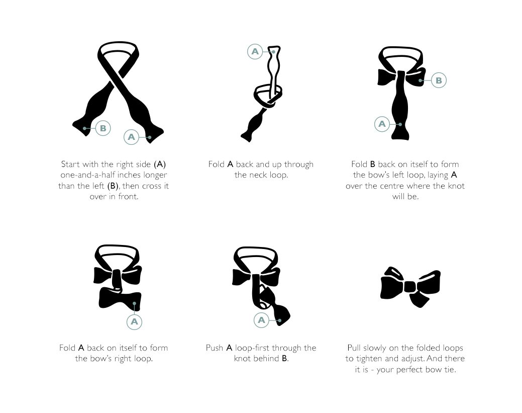 Diagram showing how to tie a bow tie in six stages.