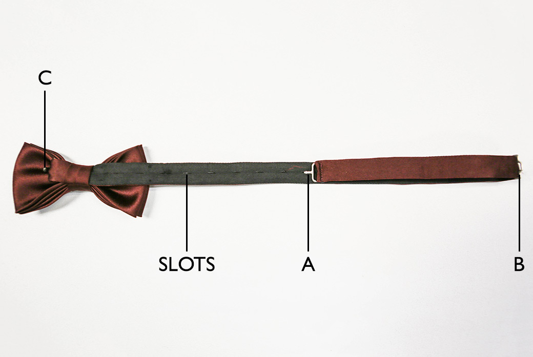 Annotated diagram of the different components of a pre-tied bow tie.