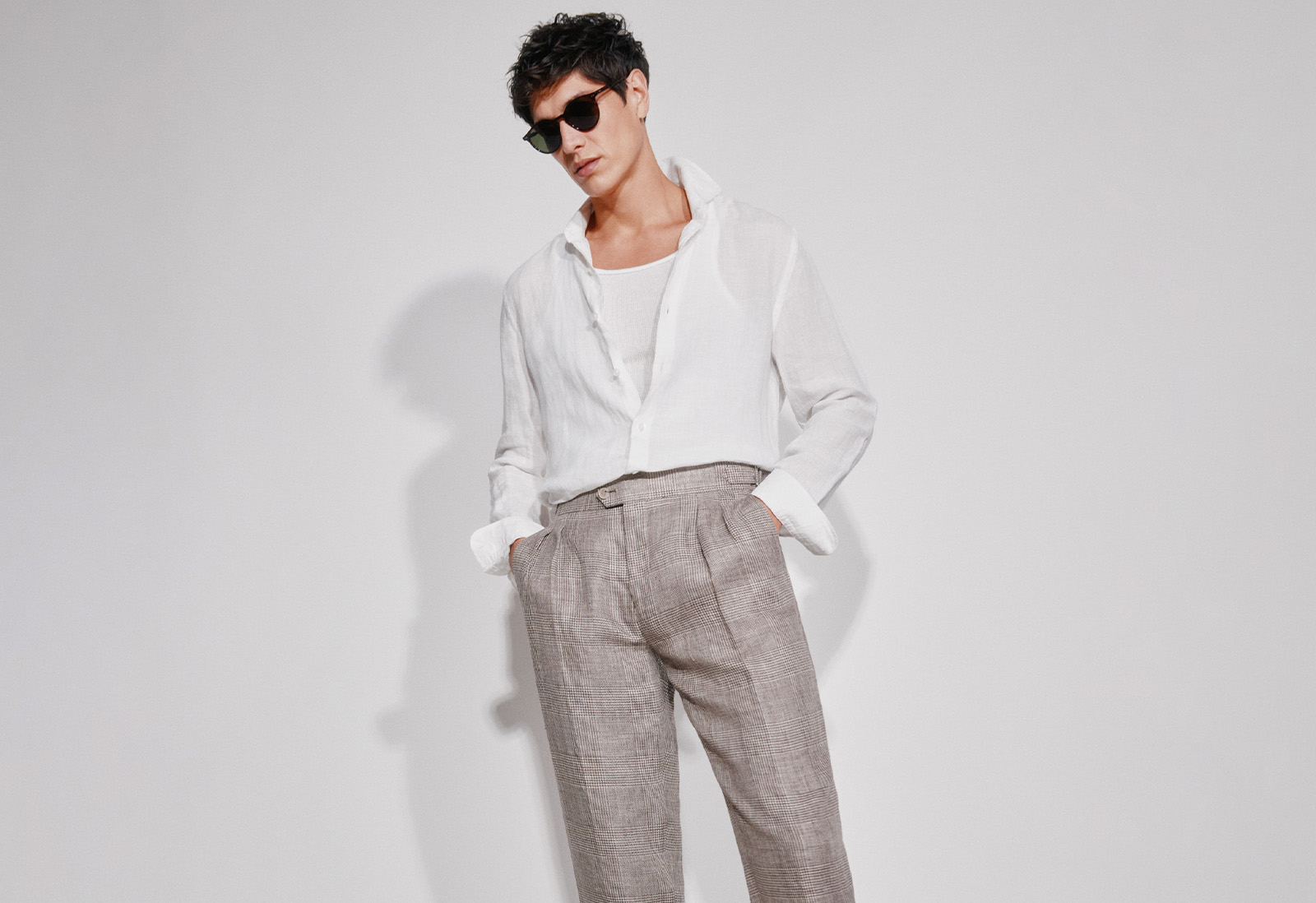 Moss - slim fit brown check linen trousers