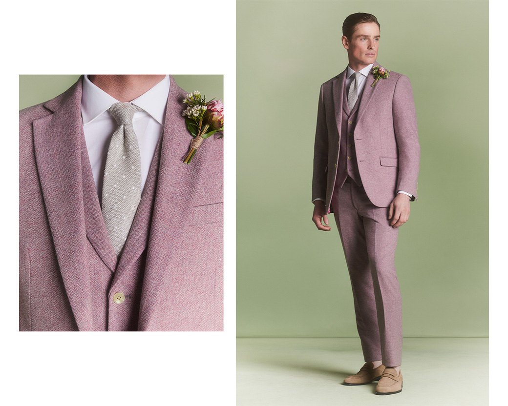 Men laughing at a wedding in grey summer suits and pocket squares and patterned ties 