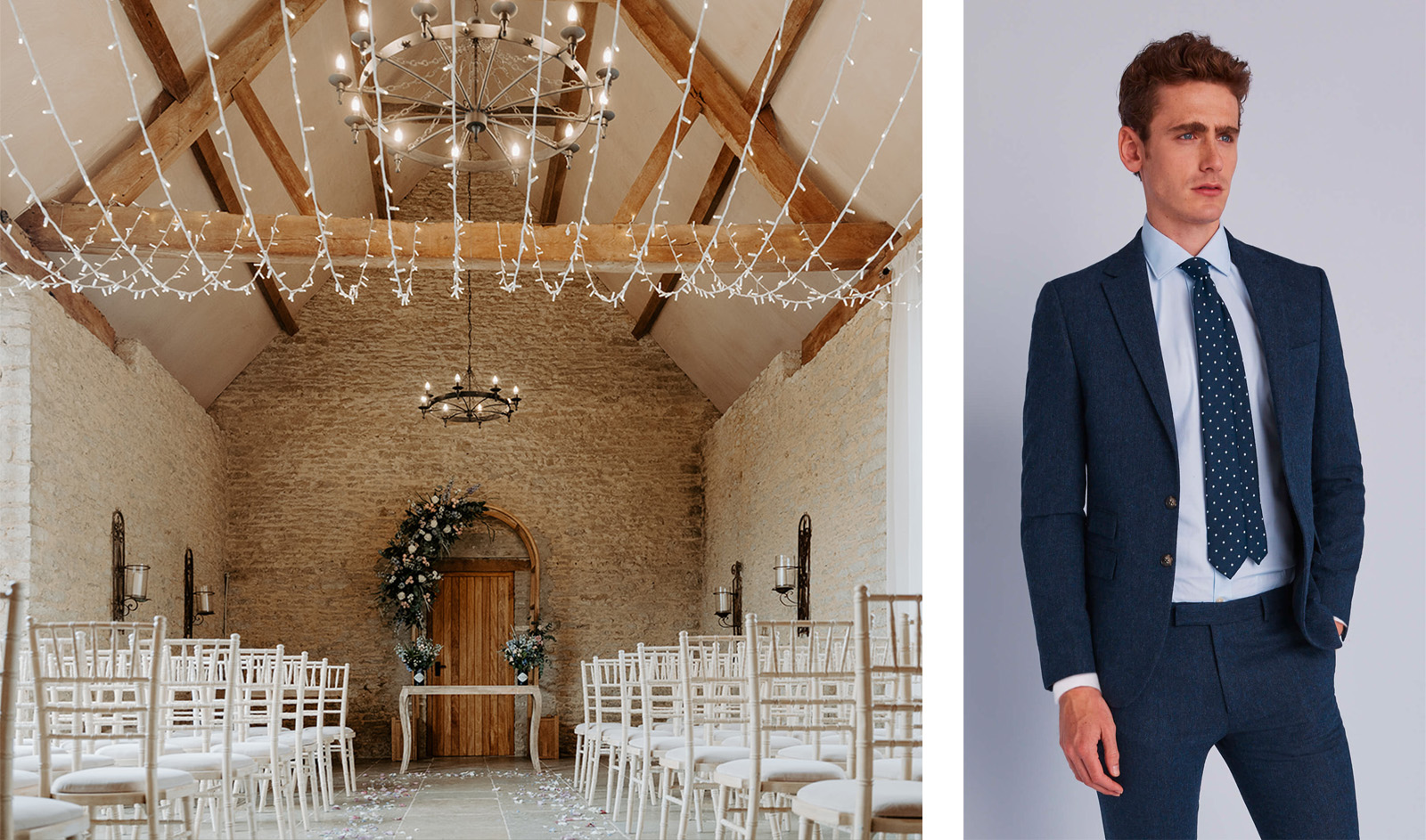 rustic venue and wedding suit by moss bros