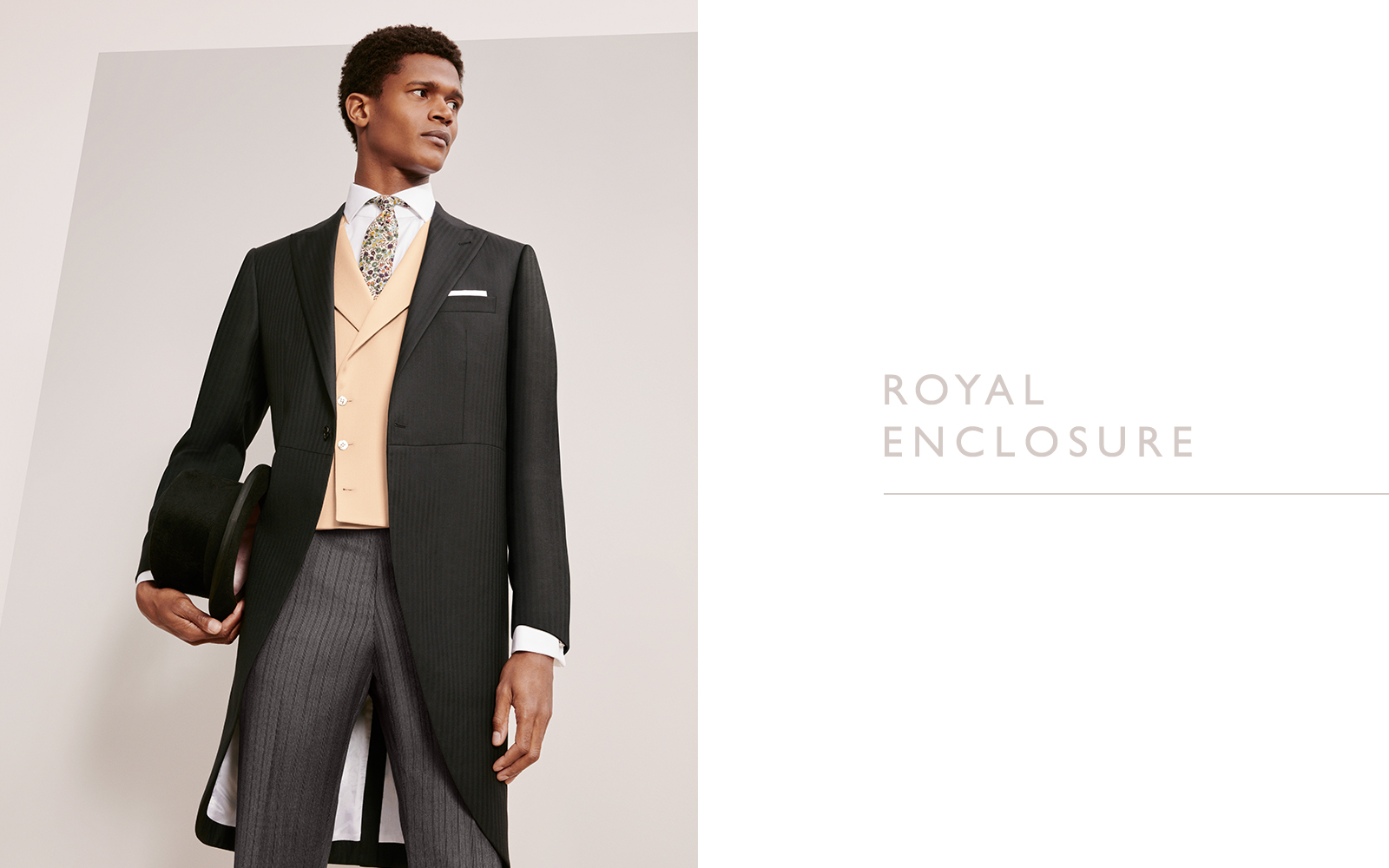 what to wear to ascot; a man in a black three piece suit and beige waistcoat dresses for the royal enclosure at ascot 