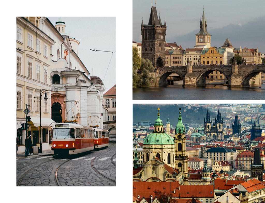 Three images of Prague, one of the top stag do locations in Europe. On the left is a red tram driving through the city centre, and the images on the right feature historical architecture from around Prague. 