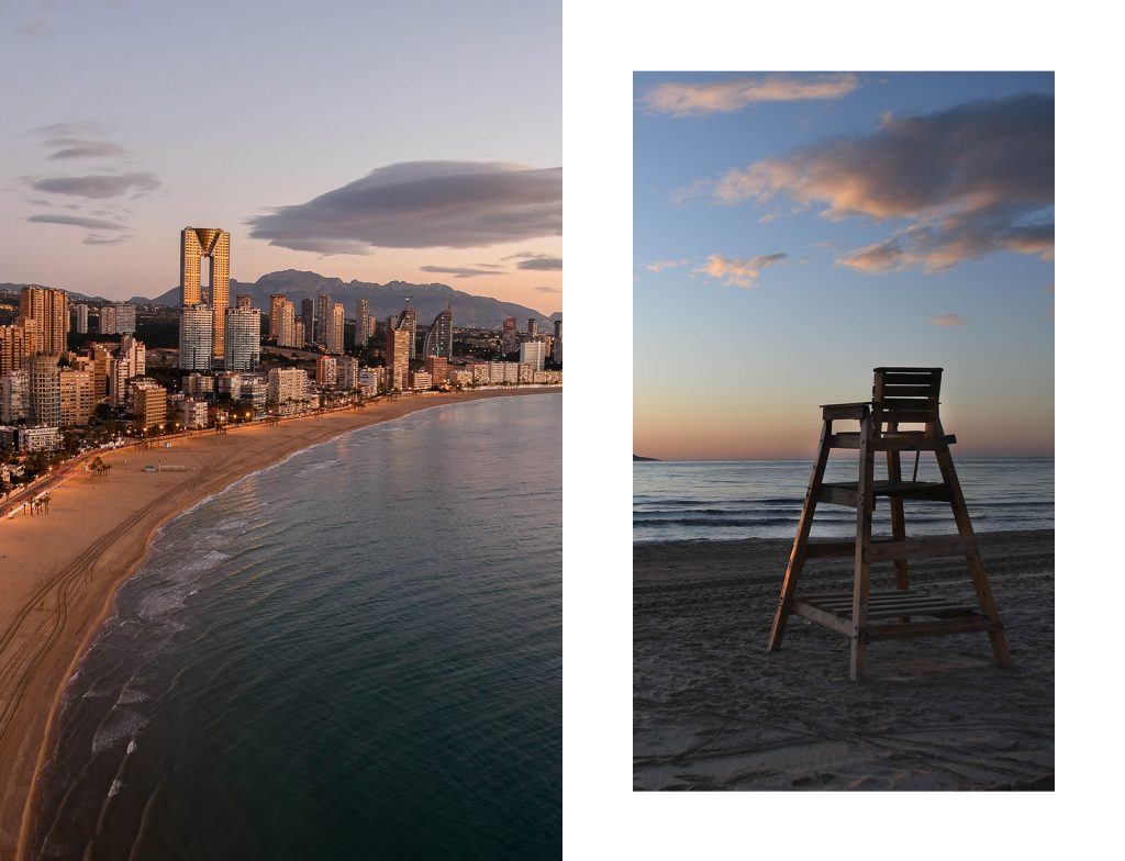 Two images of Prague, one of the top stag do locations in Europe. On the left is a sunset across the skyline in Benidorm, and the image on the right features a chair facing the sea during a sunset.