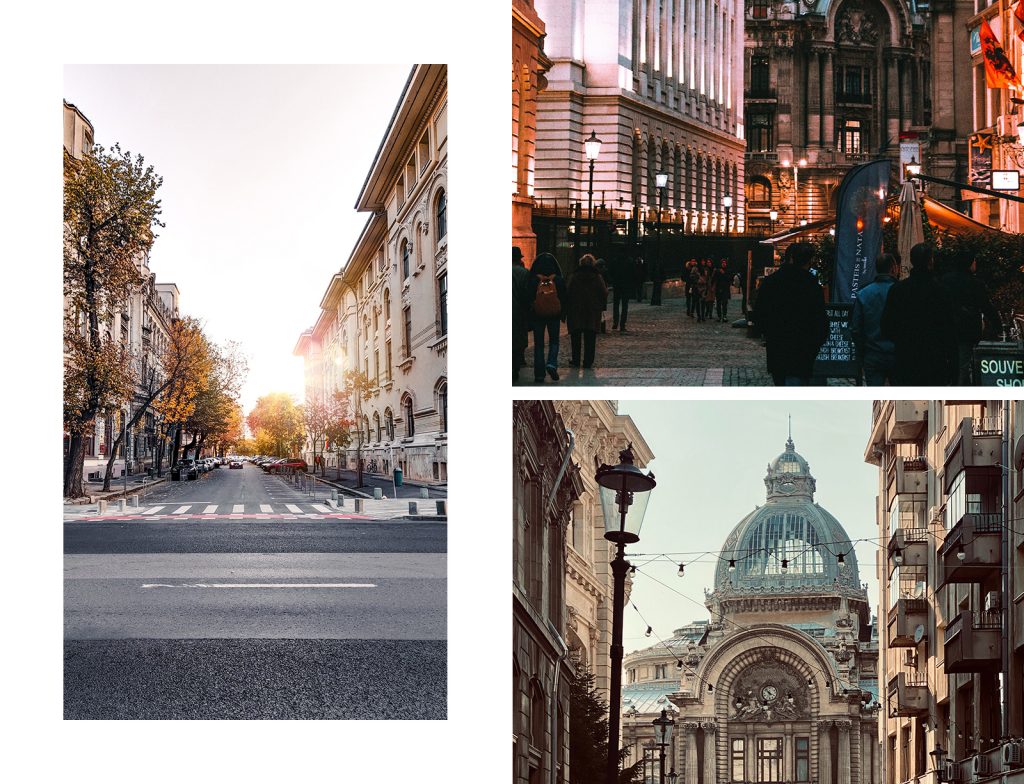 Three images of Bucharest, one of the top stag do locations in Europe. On the left is of a street in the city, and the images on the right feature historical architecture and nightlife from around Bucharest.