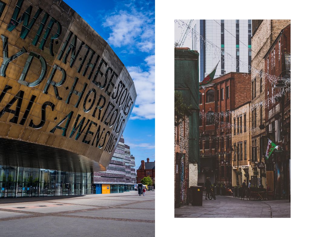 Two images of Cardiff, one of the top stag do locations in Europe. On the left is a quiet image of the city centre, and the image on the right feature historical architecture from around Cardiff. 
