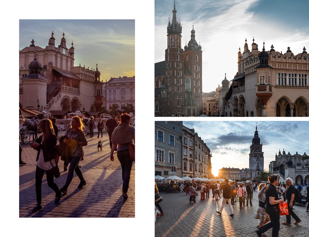 Three images of Krakow, one of the top stag do locations in Europe. All three images feature people walking through the city amongst the historical architecture in Krakow.