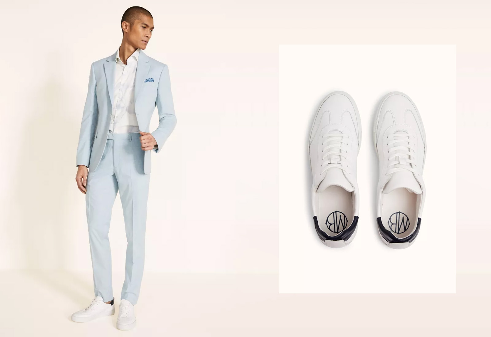 A smart casual suit and white trainers.