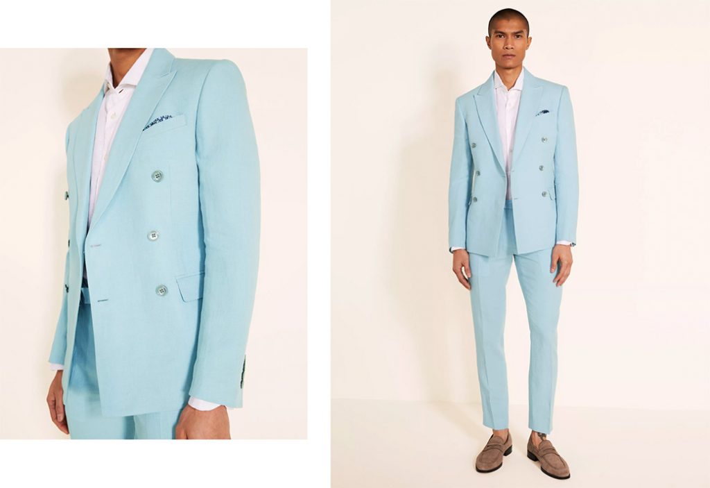 mens jacket: man wearing a blue linen suit from moss bros