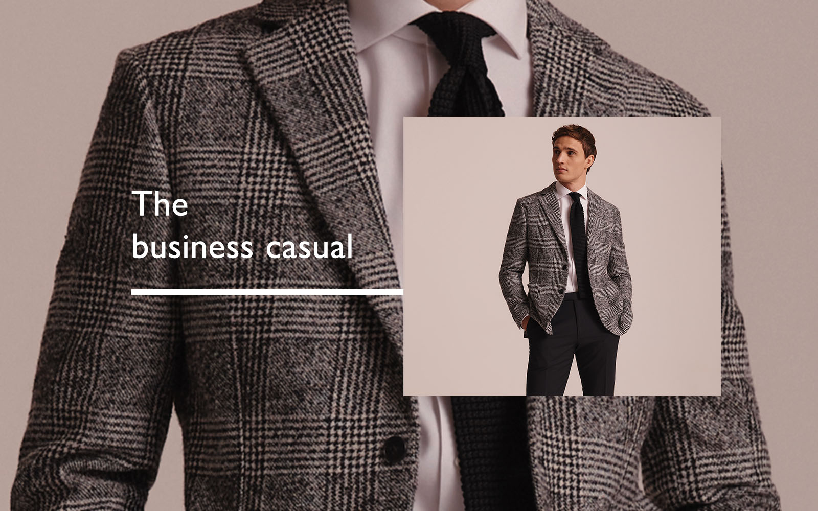 Man in navy roll neck jumper, charcoal puppytooth jacket and oxford leather shoes preparing for a business casual interview.