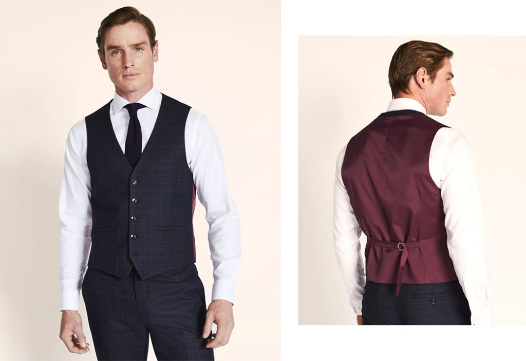 mens waistcoats: model wearing moss bros waistcoat