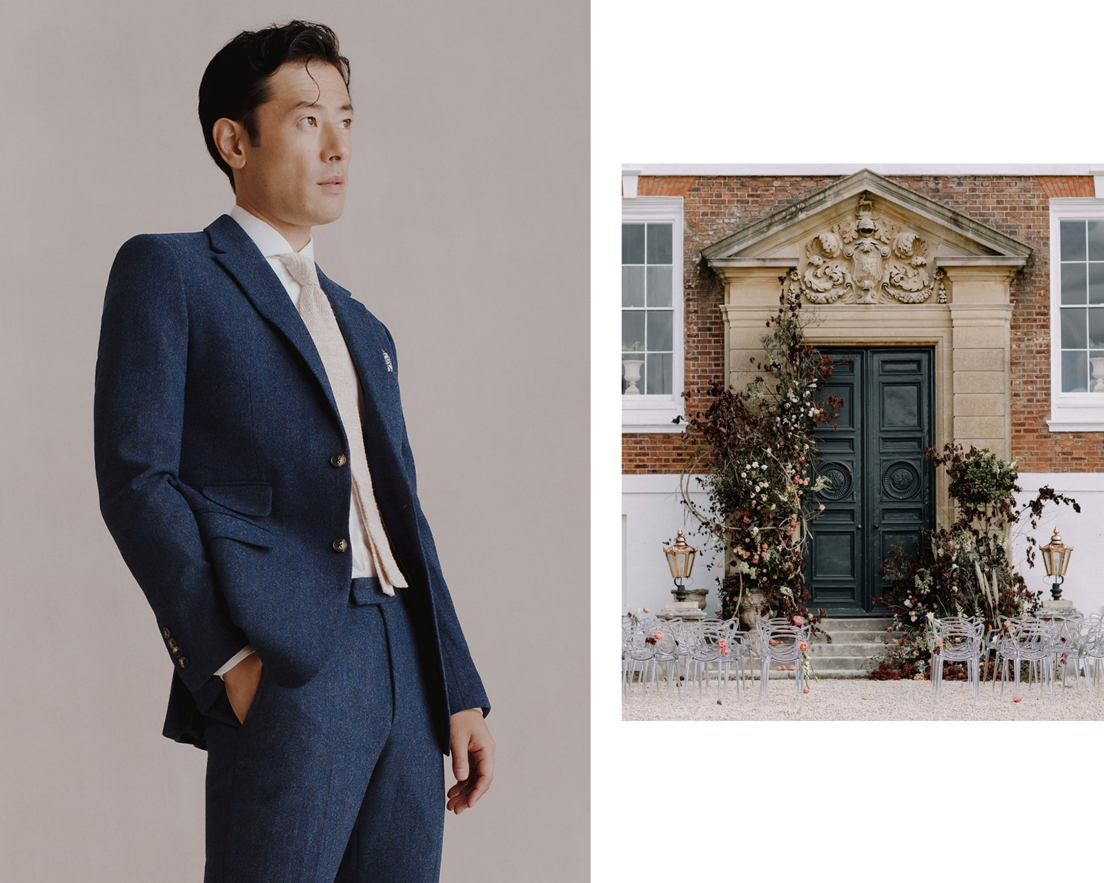 Business professional preparing for interview wearing cotton white shirt and a slim fit navy puppytooth jacket.