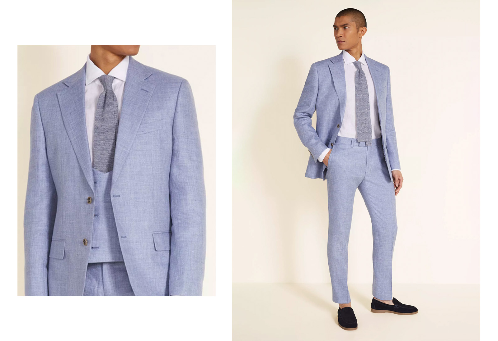 What to wear to get married abroad ; a groom wears a blue linen wedding suit for a summer wedding