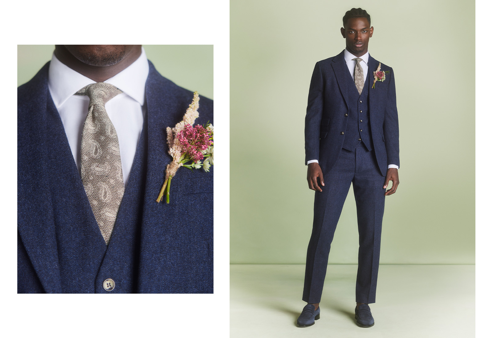 What to wear to get married abroad ; a groom wears a navy wedding suit for a summer wedding