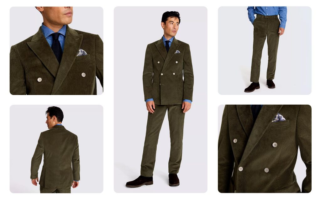 Moss tailored fit olive corduroy double breasted suit