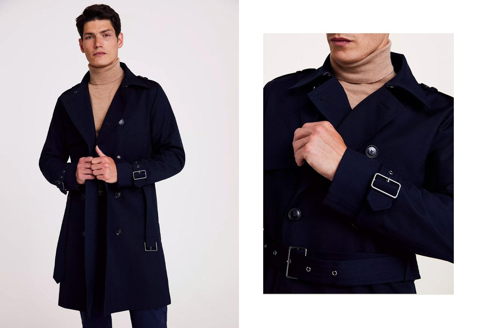 Mens navy trench coat with outlet belt