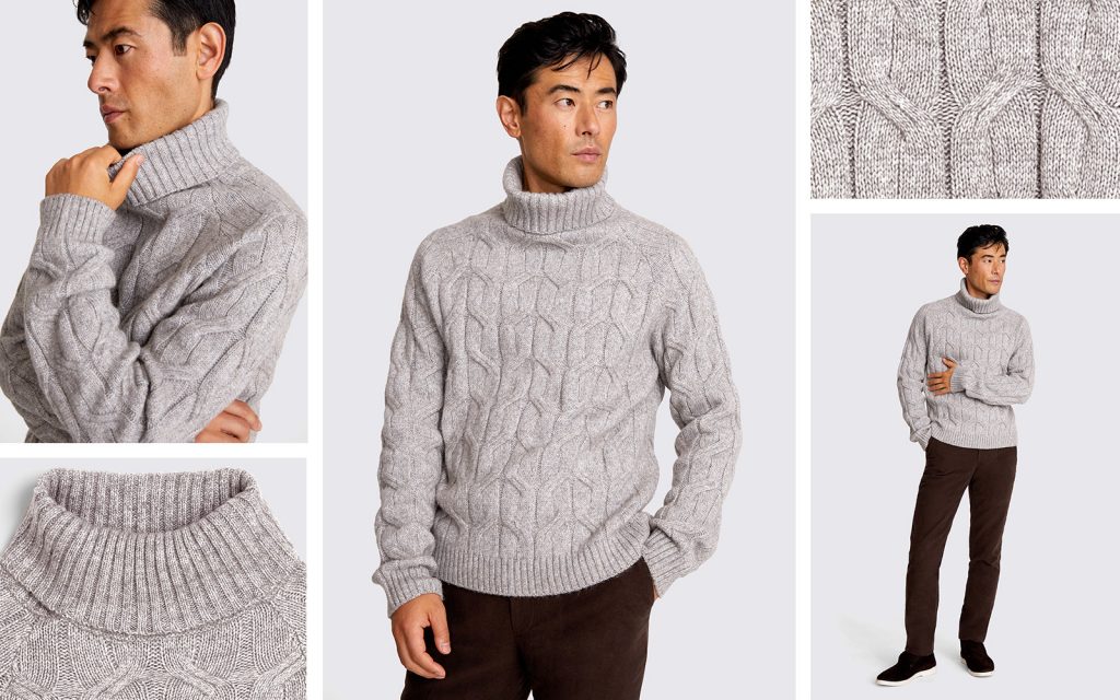 moss - grey chunky cable roll neck jumper