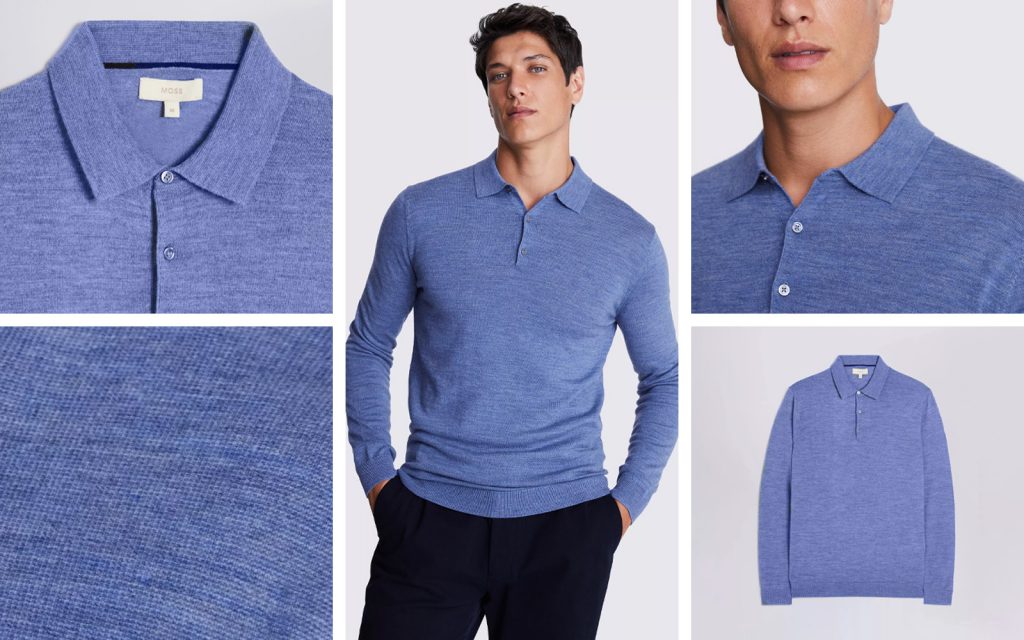 Moss - blue fog merino blend long sleeve polo shirt