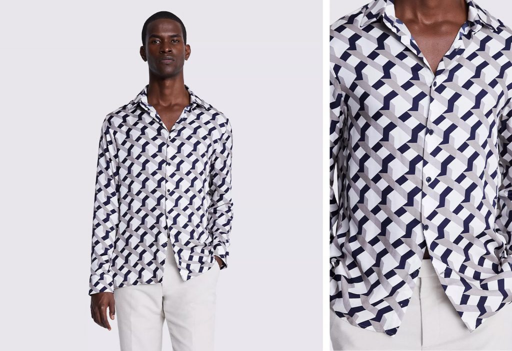 Moss - navy and taupe geometric print shirt