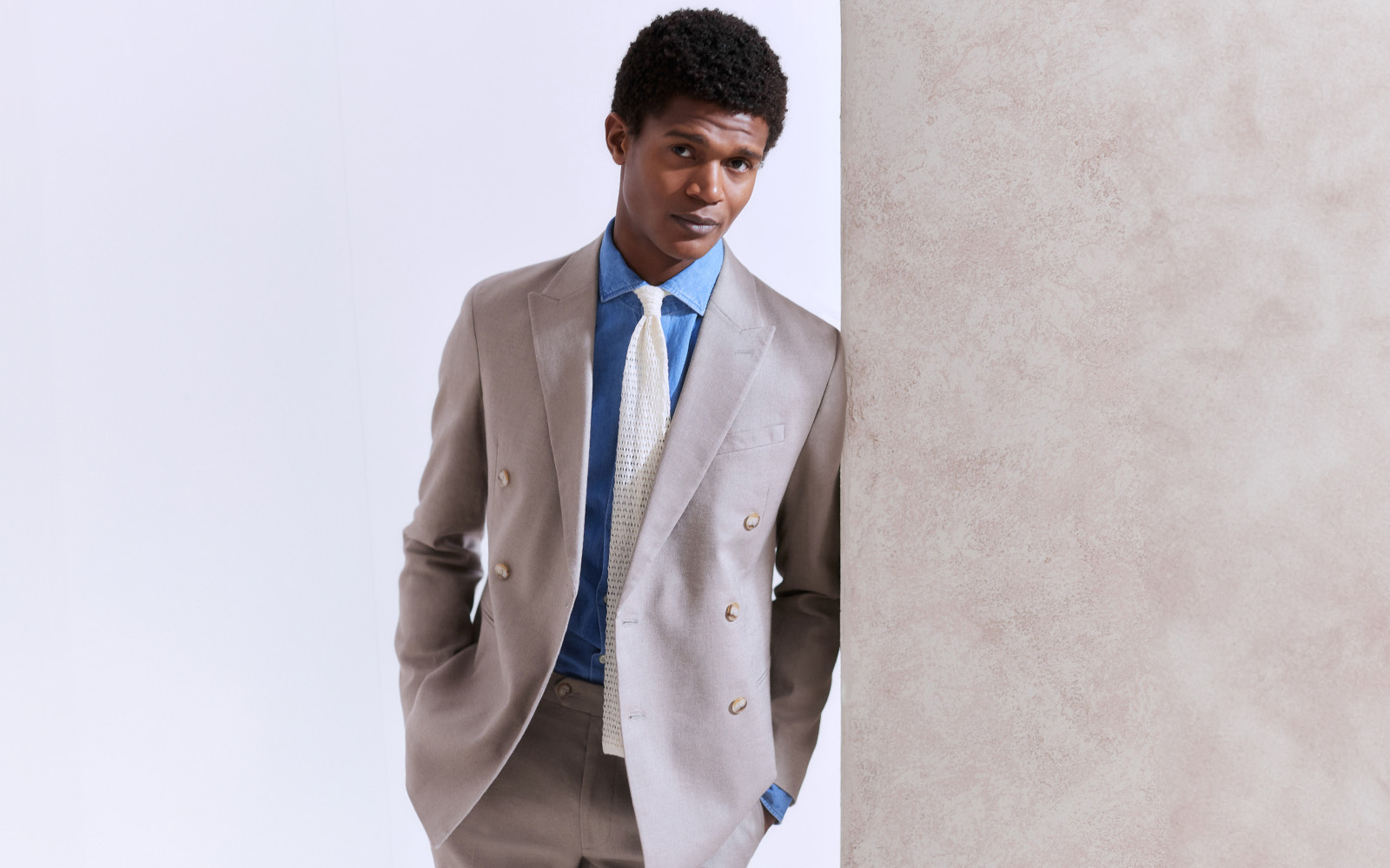 Moss - slim fit taupe matt linen double breasted suit