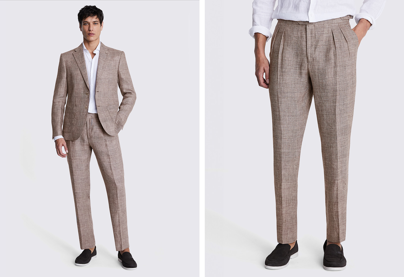 Moss - slim fit brown check linen trousers