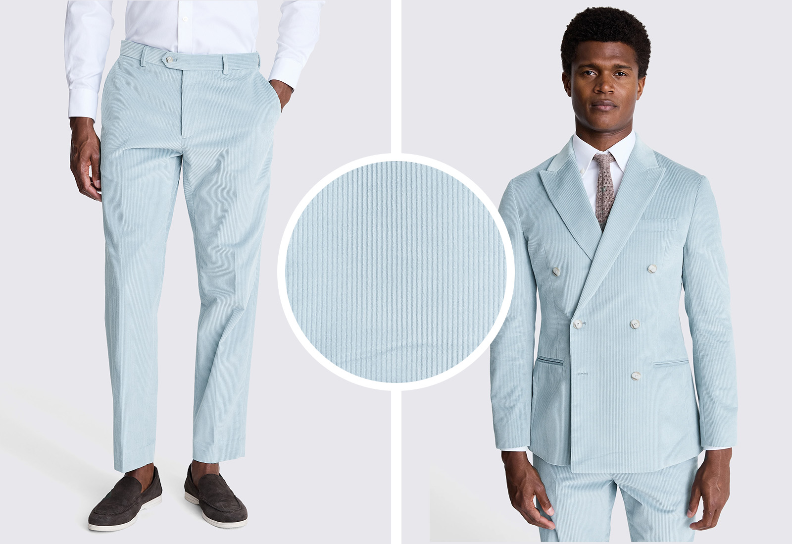 Moss - tailored fit duck egg double breasted cord suit