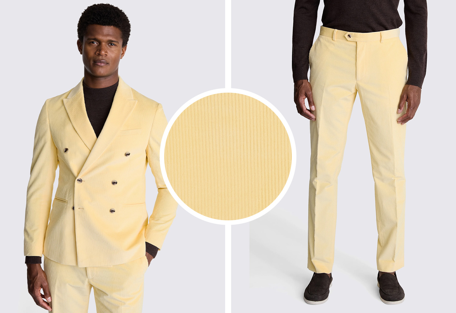 Moss - tailored fit yellow double breasted corduroy suit