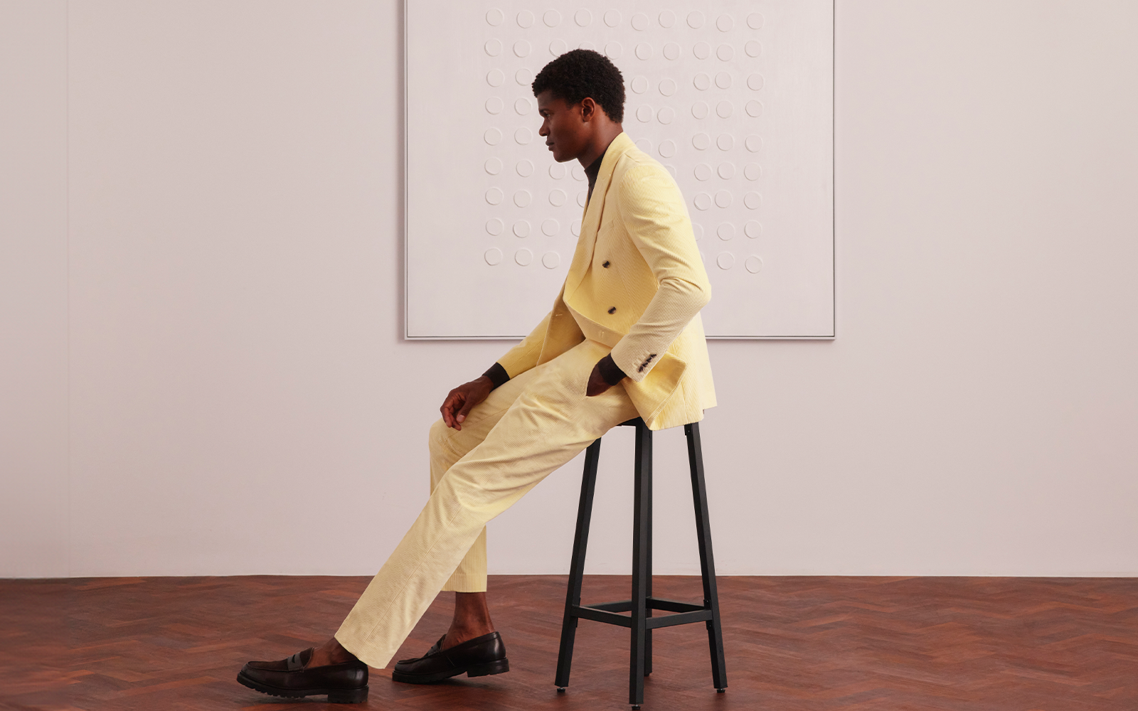 Moss - tailored fit yellow double breasted corduroy suit