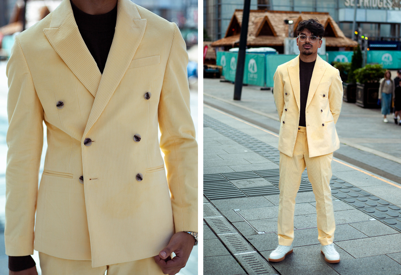 Moss - tailored fit yellow double breasted cord suit