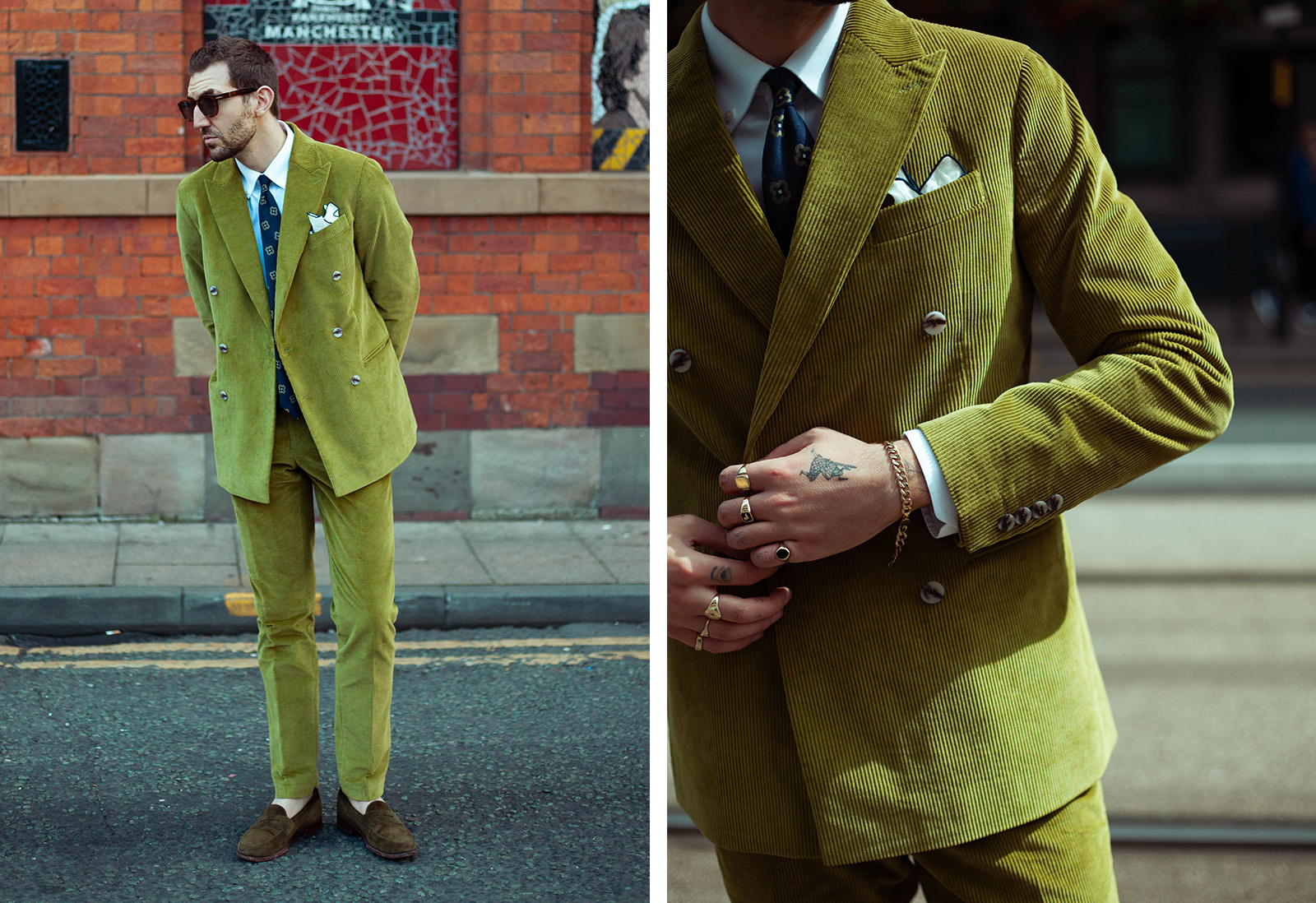 Moss - tailored fit lime green double breasted cord suit